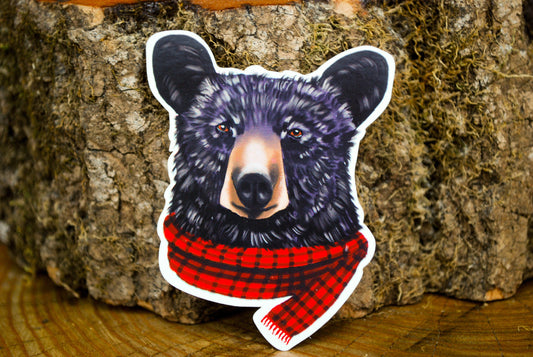 Black Bear with Red Plaid Scarf Waterproof Sticker