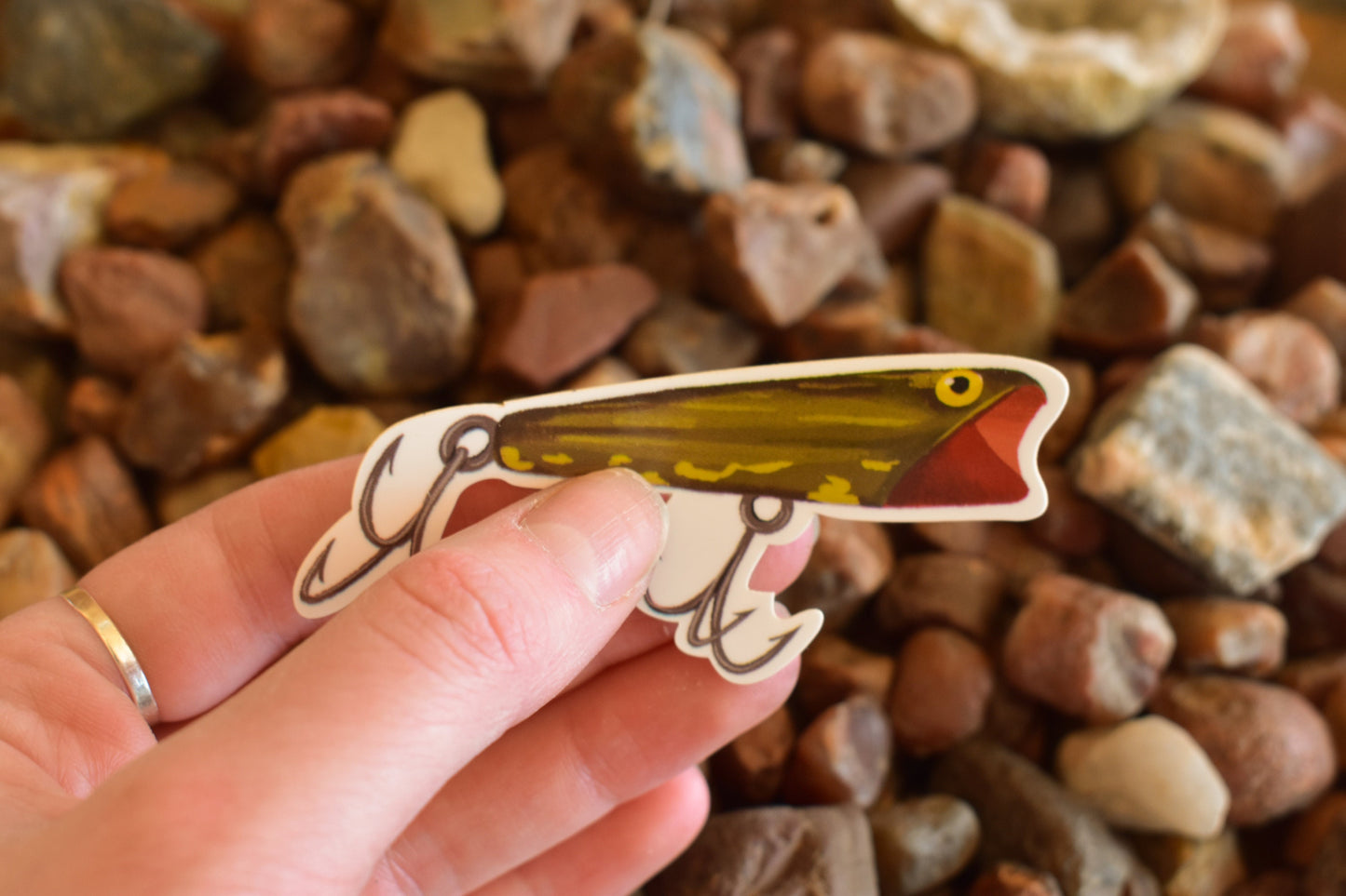 Vintage Green Stripe Fishing Lure Sticker: Waterproof Decal (3" x 1.28")