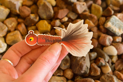 Vintage Red Fly Lure Sticker: Waterproof Fishing Decal