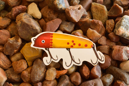 Vintage Fishing Lure Sticker: Red & Yellow Waterproof Decal