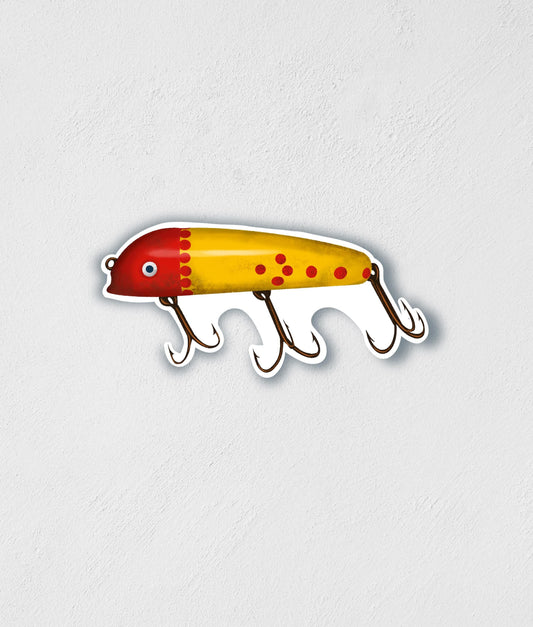 Vintage Fishing Lure Sticker: Red & Yellow Waterproof Decal