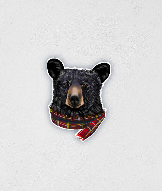 Bear in Scarf Plaid Sticker: Waterproof Wildlife Decal