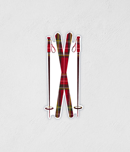Scottish Plaid Nordic Skis Sticker: Waterproof Winter Cabin Decal
