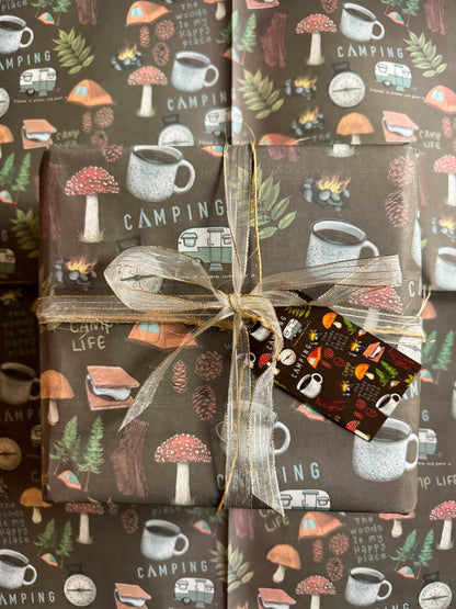 Hand-Drawn Camping Gift Wrap Sheets: Outdoor Adventure Theme