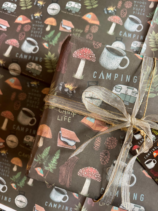 Hand-Drawn Camping Gift Wrap Sheets: Outdoor Adventure Theme